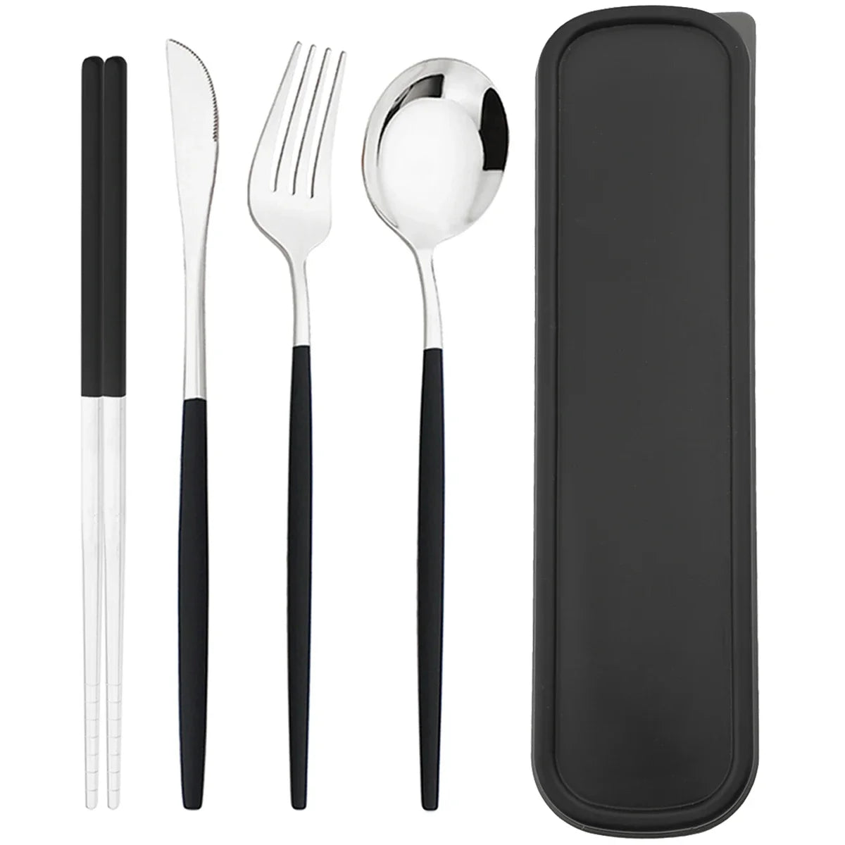 4pcs Black Silver Portable Cutlery Set