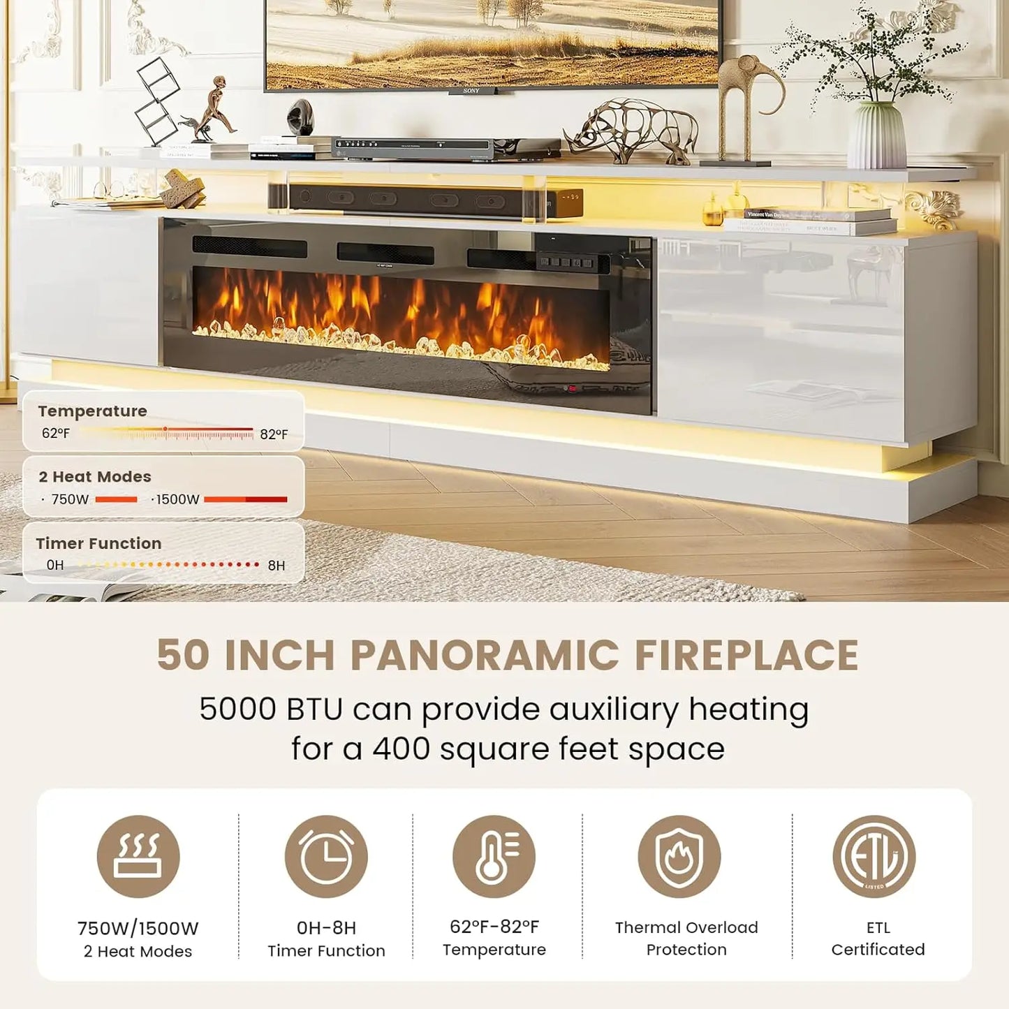 90" Modern Fireplace TV Stand Console Storage