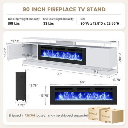 90" Modern Fireplace TV Stand Console Storage