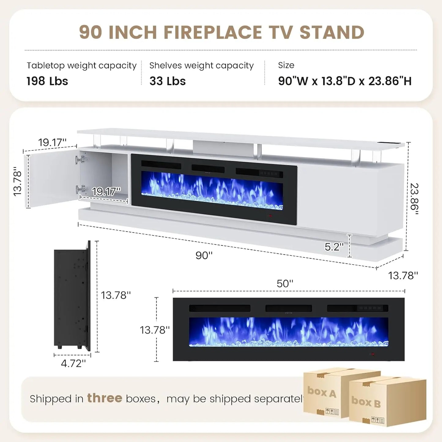 90" Modern Fireplace TV Stand Console Storage