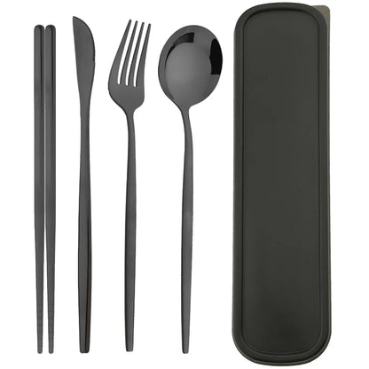 4pcs Black Silver Portable Cutlery Set