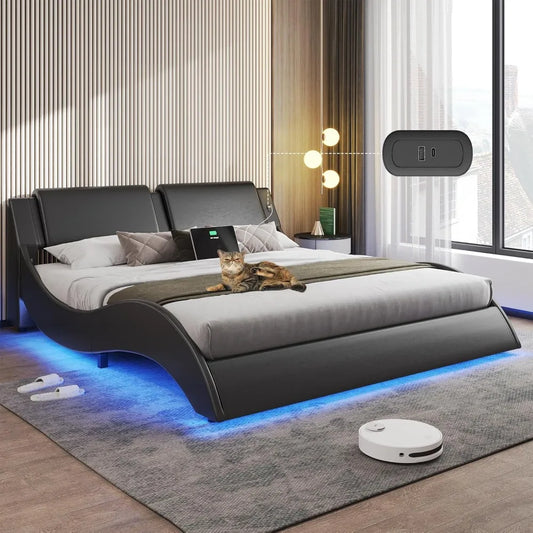 Bed Frame with Led Lights and Charging Ports