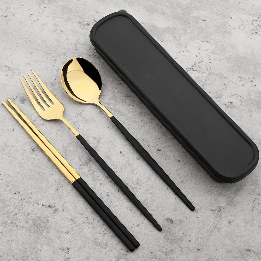 4pcs Black Silver Portable Cutlery Set