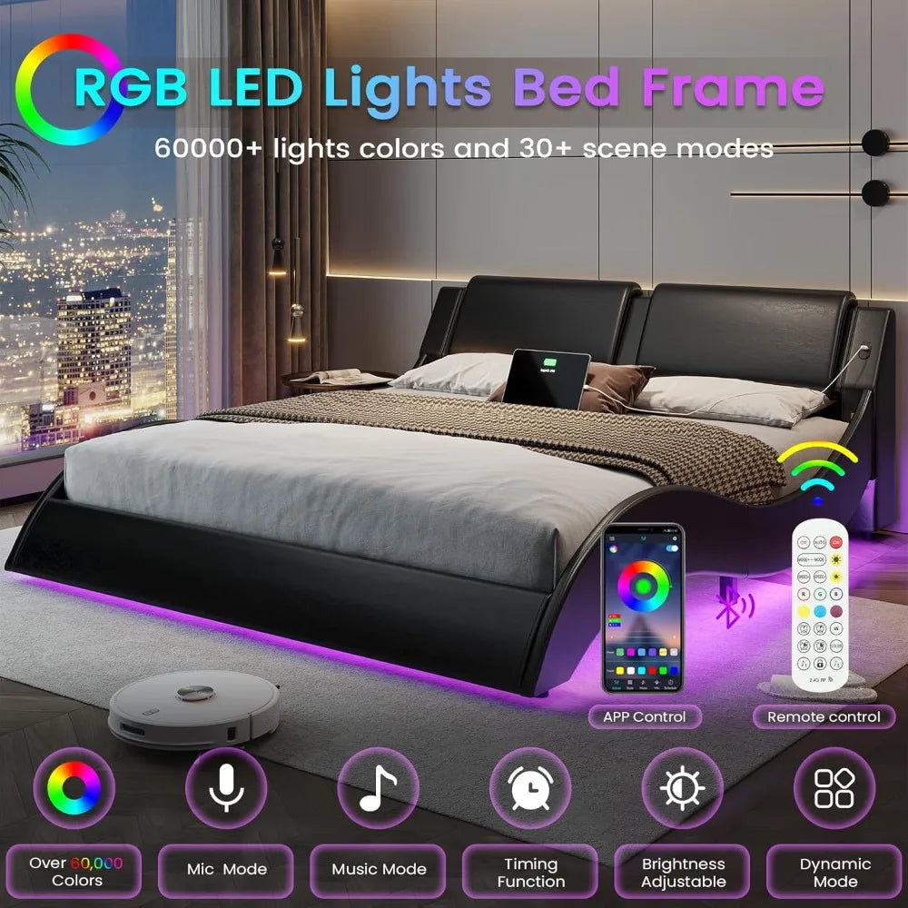 Bed Frame with Led Lights and Charging Ports