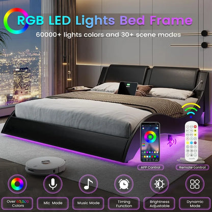Bed Frame with Led Lights and Charging Ports