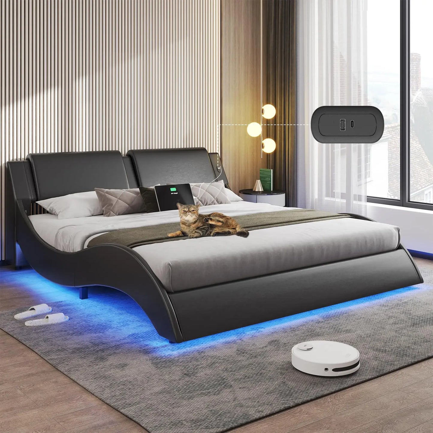 Bed Frame with Led Lights and Charging Ports