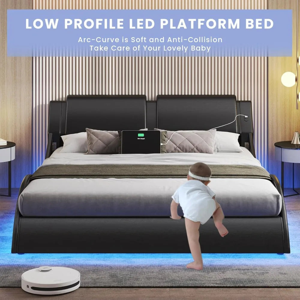 Bed Frame with Led Lights and Charging Ports