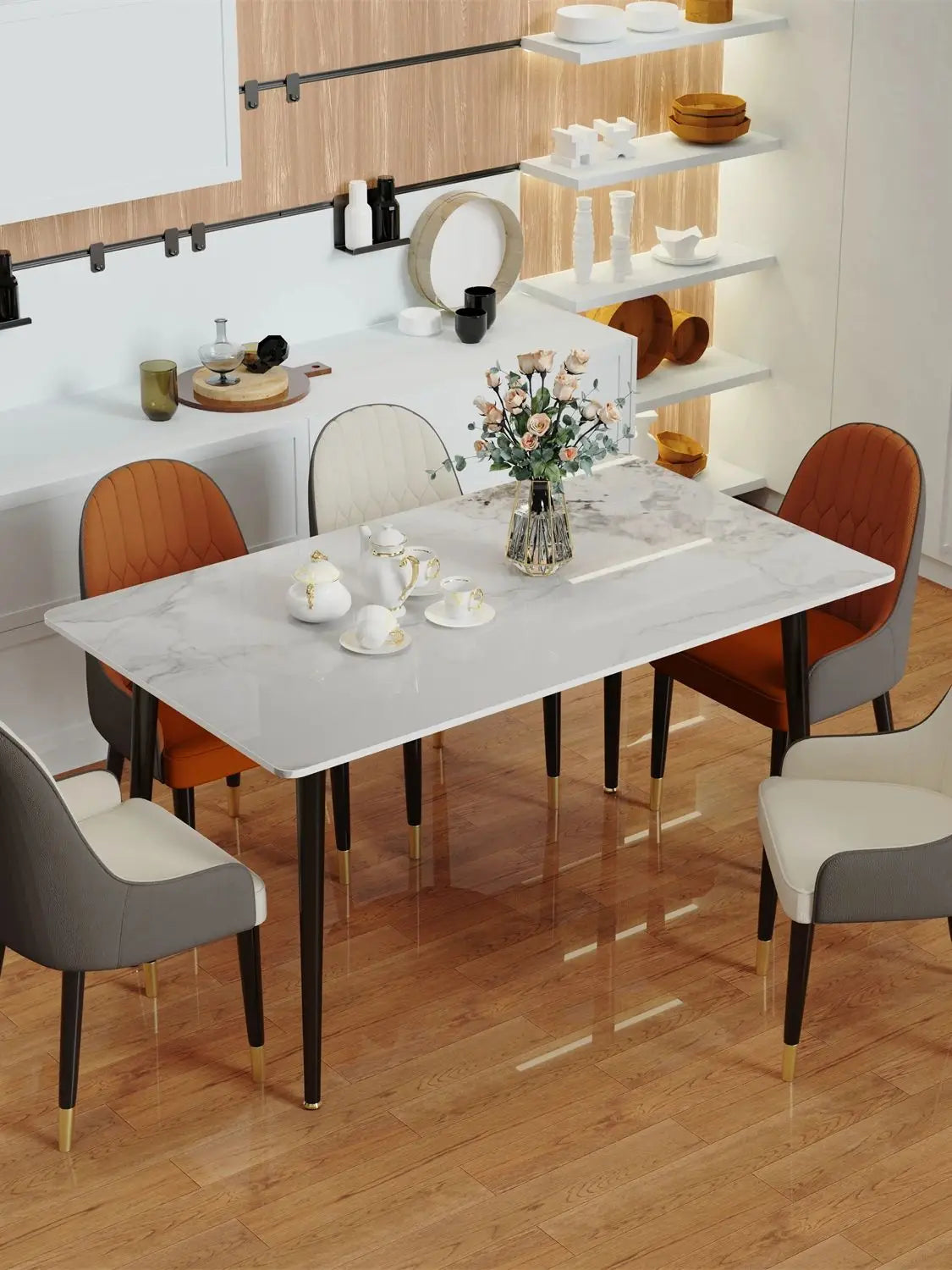 High Gloss 4-6 Seat Rectangular Marble Dining Table