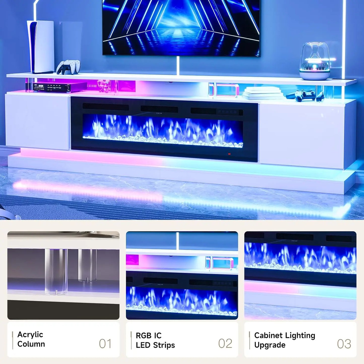 90" Modern Fireplace TV Stand Console Storage
