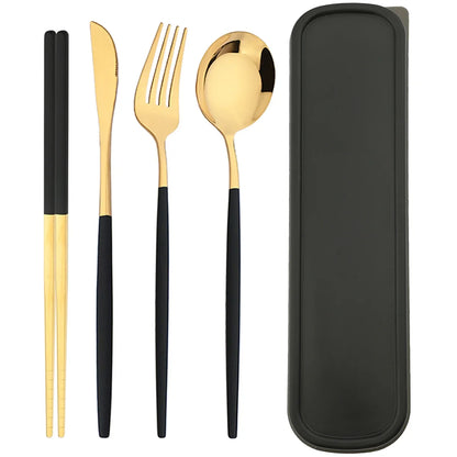 4pcs Black Silver Portable Cutlery Set